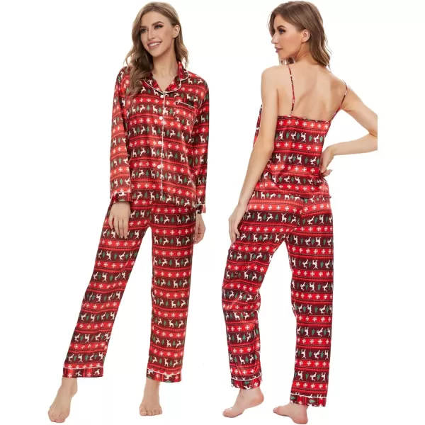 SWOMOG Women Satin Pajamas 4pcs Pajama Set Sexy Cami Shorts Set and Button Down Long Sleeve Pjs Loungewear SleepwearElksnowtree