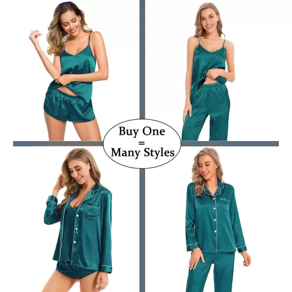 SWOMOG Women Satin Pajamas 4pcs Pajama Set Sexy Cami Shorts Set and Button Down Long Sleeve Pjs Loungewear SleepwearGreen