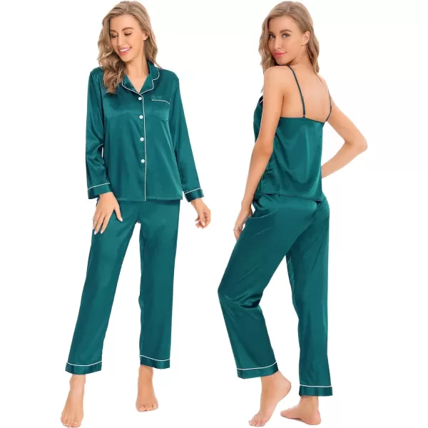 SWOMOG Women Satin Pajamas 4pcs Pajama Set Sexy Cami Shorts Set and Button Down Long Sleeve Pjs Loungewear SleepwearGreen