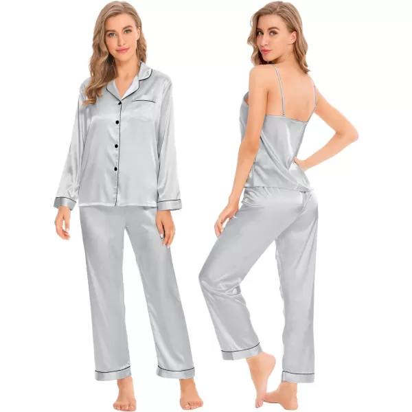 SWOMOG Women Satin Pajamas 4pcs Pajama Set Sexy Cami Shorts Set and Button Down Long Sleeve Pjs Loungewear SleepwearGrey