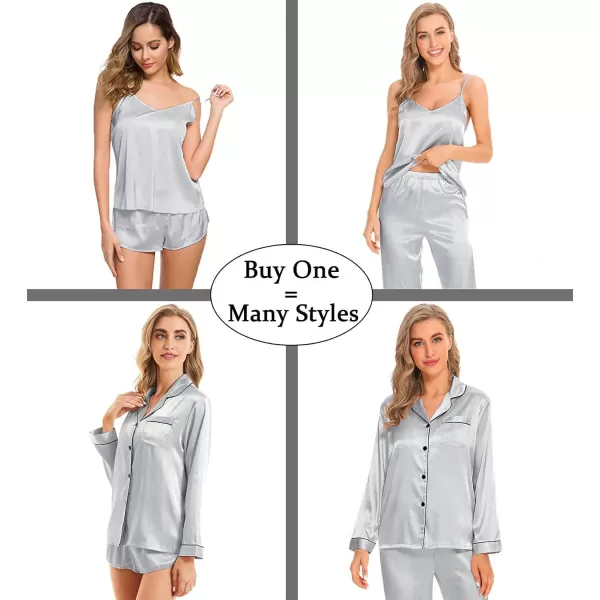 SWOMOG Women Satin Pajamas 4pcs Pajama Set Sexy Cami Shorts Set and Button Down Long Sleeve Pjs Loungewear SleepwearGrey