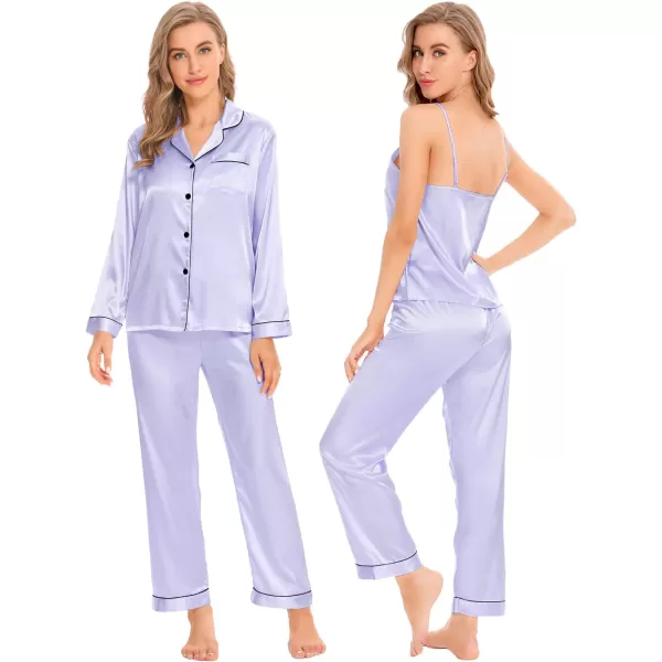 SWOMOG Women Satin Pajamas 4pcs Pajama Set Sexy Cami Shorts Set and Button Down Long Sleeve Pjs Loungewear SleepwearLavender