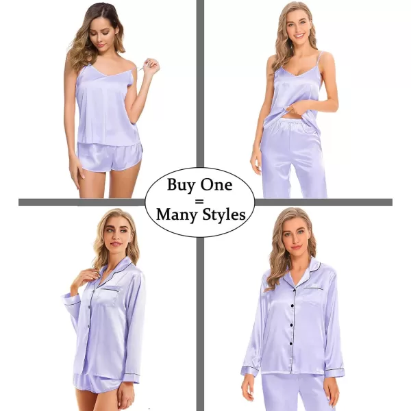 SWOMOG Women Satin Pajamas 4pcs Pajama Set Sexy Cami Shorts Set and Button Down Long Sleeve Pjs Loungewear SleepwearLavender