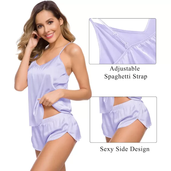 SWOMOG Women Satin Pajamas 4pcs Pajama Set Sexy Cami Shorts Set and Button Down Long Sleeve Pjs Loungewear SleepwearLavender