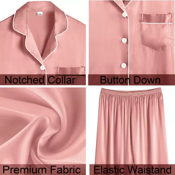 SWOMOG Women Satin Pajamas 4pcs Pajama Set Sexy Cami Shorts Set and Button Down Long Sleeve Pjs Loungewear SleepwearMisty Rose