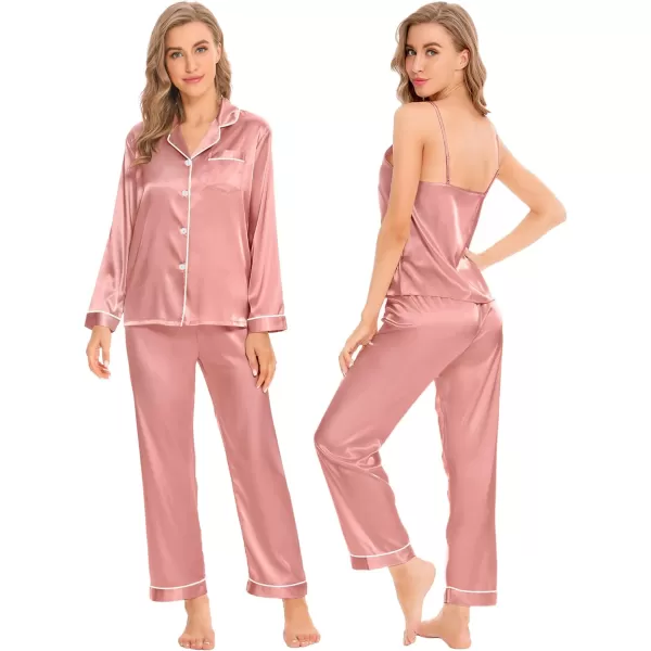 SWOMOG Women Satin Pajamas 4pcs Pajama Set Sexy Cami Shorts Set and Button Down Long Sleeve Pjs Loungewear SleepwearMisty Rose