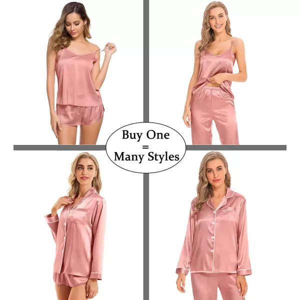 SWOMOG Women Satin Pajamas 4pcs Pajama Set Sexy Cami Shorts Set and Button Down Long Sleeve Pjs Loungewear SleepwearMisty Rose