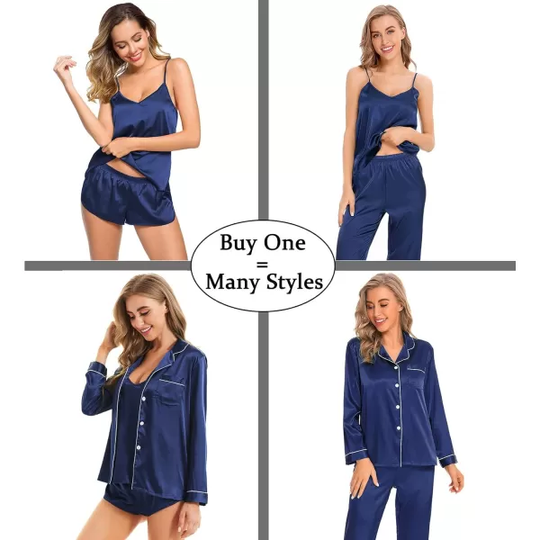 SWOMOG Women Satin Pajamas 4pcs Pajama Set Sexy Cami Shorts Set and Button Down Long Sleeve Pjs Loungewear SleepwearNavy Blue