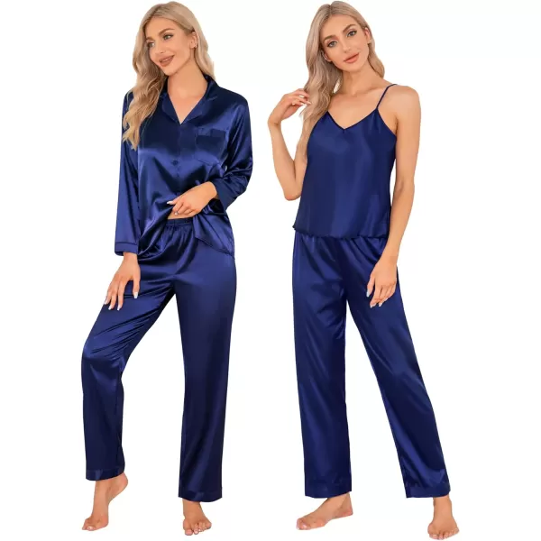 SWOMOG Women Satin Pajamas 4pcs Pajama Set Sexy Cami Shorts Set and Button Down Long Sleeve Pjs Loungewear SleepwearNavy Bluesolid Color