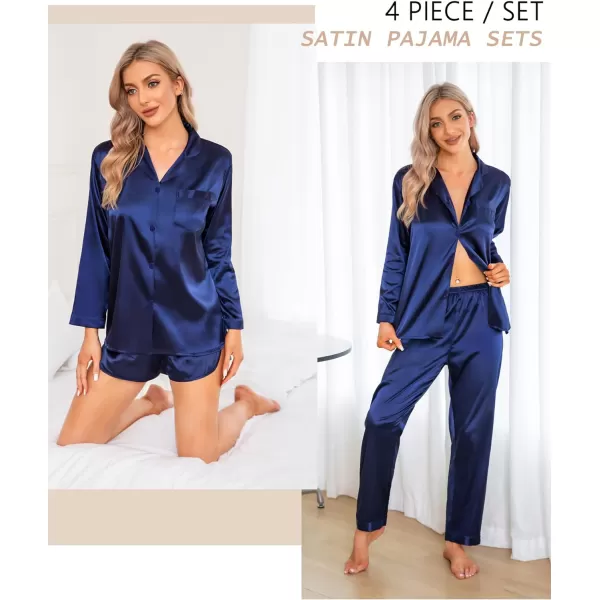 SWOMOG Women Satin Pajamas 4pcs Pajama Set Sexy Cami Shorts Set and Button Down Long Sleeve Pjs Loungewear SleepwearNavy Bluesolid Color