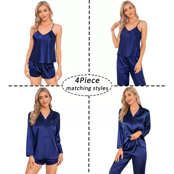 SWOMOG Women Satin Pajamas 4pcs Pajama Set Sexy Cami Shorts Set and Button Down Long Sleeve Pjs Loungewear SleepwearNavy Bluesolid Color