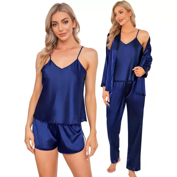 SWOMOG Women Satin Pajamas 4pcs Pajama Set Sexy Cami Shorts Set and Button Down Long Sleeve Pjs Loungewear SleepwearNavy Bluesolid Color