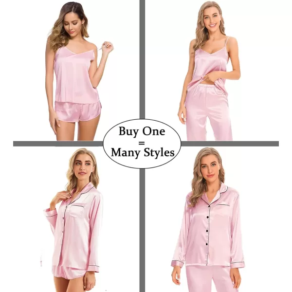 SWOMOG Women Satin Pajamas 4pcs Pajama Set Sexy Cami Shorts Set and Button Down Long Sleeve Pjs Loungewear SleepwearPink