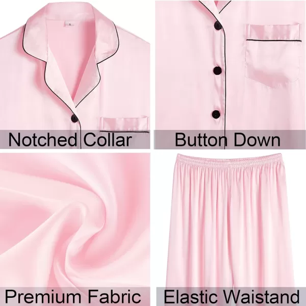 SWOMOG Women Satin Pajamas 4pcs Pajama Set Sexy Cami Shorts Set and Button Down Long Sleeve Pjs Loungewear SleepwearPink