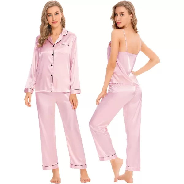 SWOMOG Women Satin Pajamas 4pcs Pajama Set Sexy Cami Shorts Set and Button Down Long Sleeve Pjs Loungewear SleepwearPink