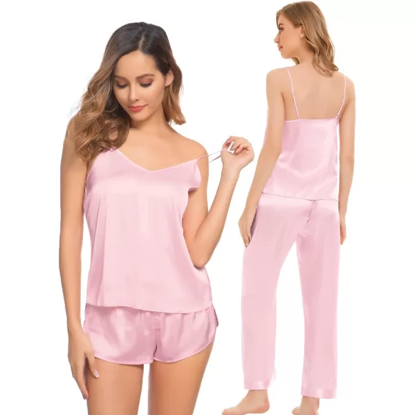 SWOMOG Women Satin Pajamas 4pcs Pajama Set Sexy Cami Shorts Set and Button Down Long Sleeve Pjs Loungewear SleepwearPinksolid Color