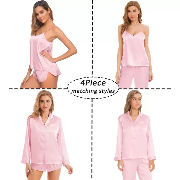 SWOMOG Women Satin Pajamas 4pcs Pajama Set Sexy Cami Shorts Set and Button Down Long Sleeve Pjs Loungewear SleepwearPinksolid Color