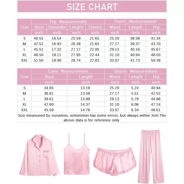 SWOMOG Women Satin Pajamas 4pcs Pajama Set Sexy Cami Shorts Set and Button Down Long Sleeve Pjs Loungewear SleepwearPinksolid Color