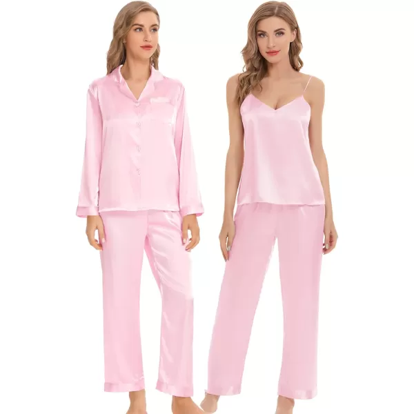 SWOMOG Women Satin Pajamas 4pcs Pajama Set Sexy Cami Shorts Set and Button Down Long Sleeve Pjs Loungewear SleepwearPinksolid Color