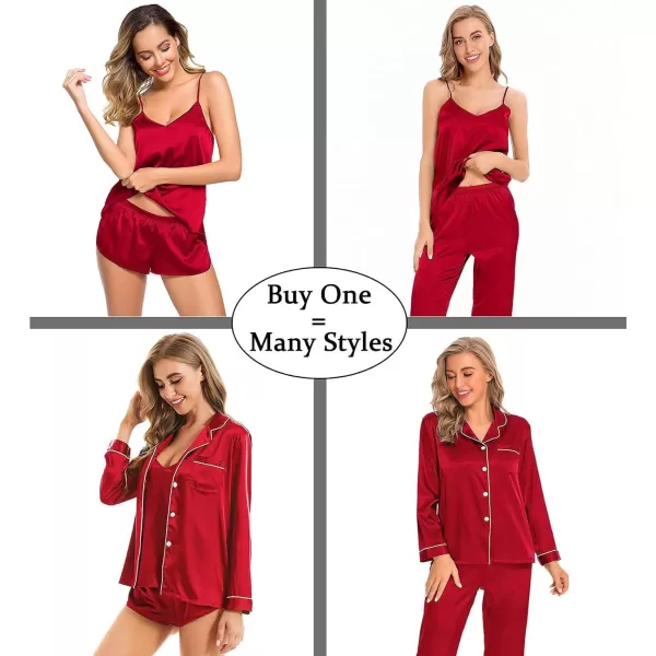 SWOMOG Women Satin Pajamas 4pcs Pajama Set Sexy Cami Shorts Set and Button Down Long Sleeve Pjs Loungewear SleepwearRed