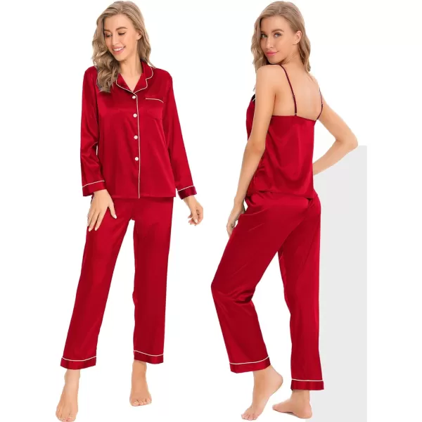 SWOMOG Women Satin Pajamas 4pcs Pajama Set Sexy Cami Shorts Set and Button Down Long Sleeve Pjs Loungewear SleepwearRed