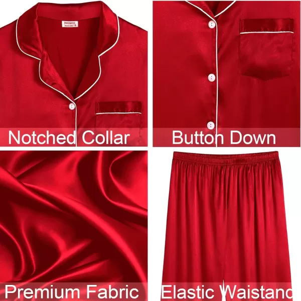 SWOMOG Women Satin Pajamas 4pcs Pajama Set Sexy Cami Shorts Set and Button Down Long Sleeve Pjs Loungewear SleepwearRed