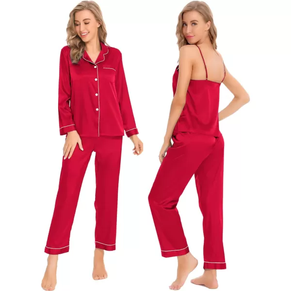 SWOMOG Women Satin Pajamas 4pcs Pajama Set Sexy Cami Shorts Set and Button Down Long Sleeve Pjs Loungewear SleepwearRed1