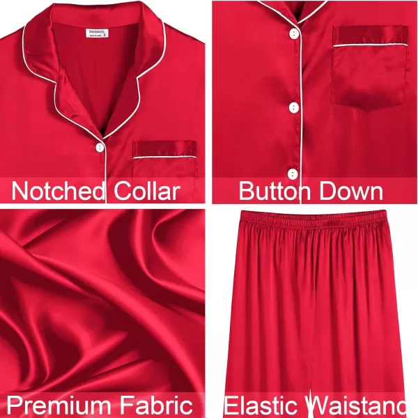 SWOMOG Women Satin Pajamas 4pcs Pajama Set Sexy Cami Shorts Set and Button Down Long Sleeve Pjs Loungewear SleepwearRed1