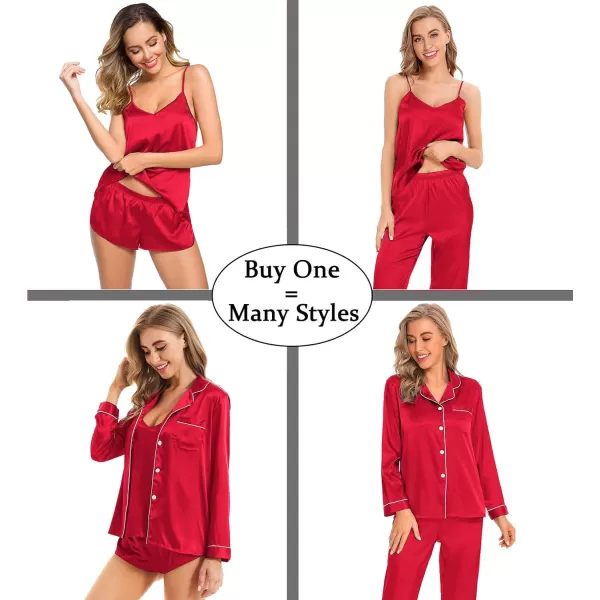 SWOMOG Women Satin Pajamas 4pcs Pajama Set Sexy Cami Shorts Set and Button Down Long Sleeve Pjs Loungewear SleepwearRed1