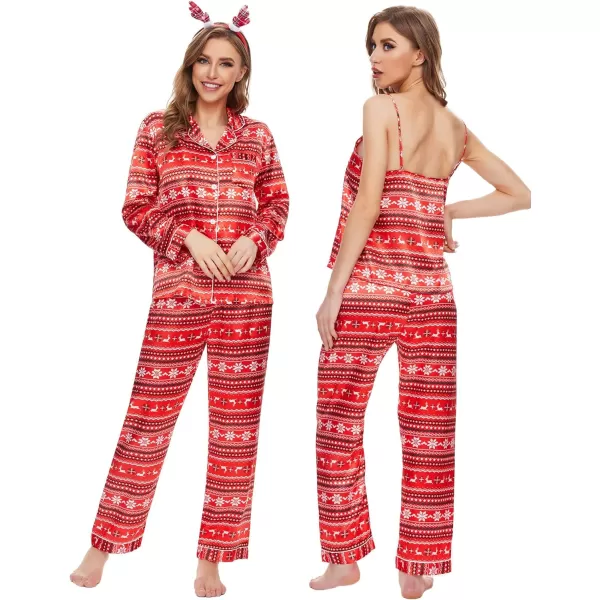 SWOMOG Women Satin Pajamas 4pcs Pajama Set Sexy Cami Shorts Set and Button Down Long Sleeve Pjs Loungewear SleepwearRedsnowampelk