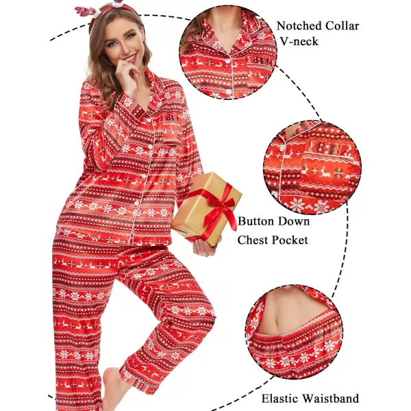 SWOMOG Women Satin Pajamas 4pcs Pajama Set Sexy Cami Shorts Set and Button Down Long Sleeve Pjs Loungewear SleepwearRedsnowampelk