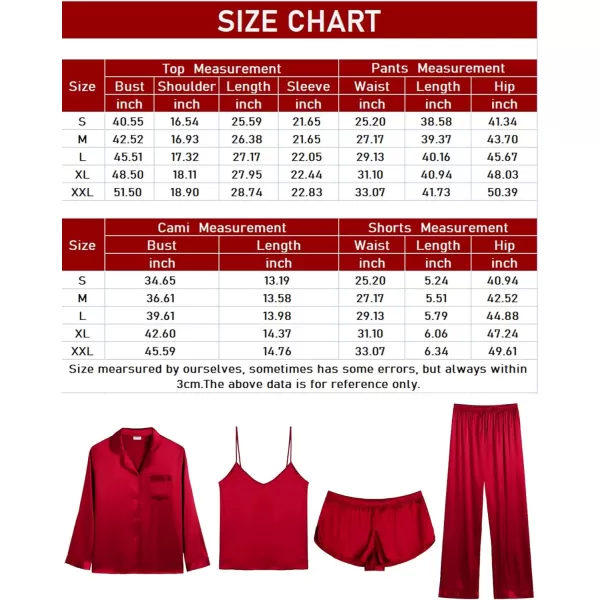 SWOMOG Women Satin Pajamas 4pcs Pajama Set Sexy Cami Shorts Set and Button Down Long Sleeve Pjs Loungewear SleepwearRedsolid Color