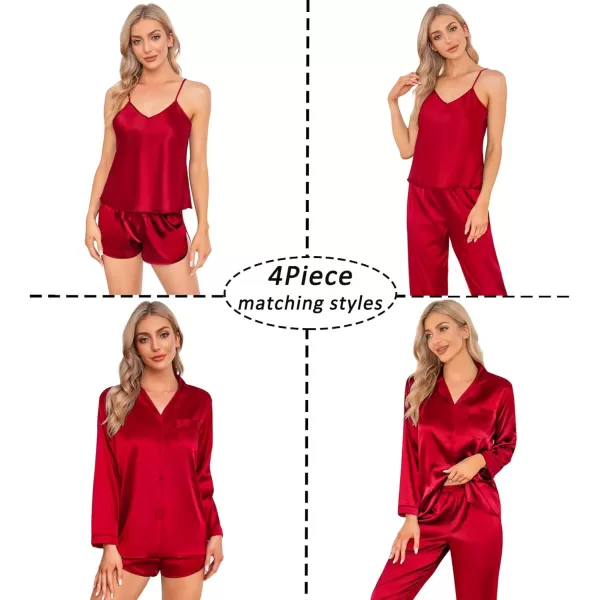 SWOMOG Women Satin Pajamas 4pcs Pajama Set Sexy Cami Shorts Set and Button Down Long Sleeve Pjs Loungewear SleepwearRedsolid Color