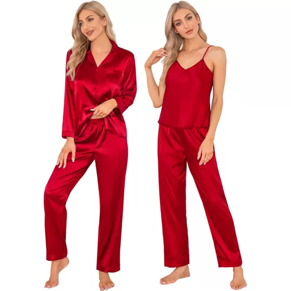 SWOMOG Women Satin Pajamas 4pcs Pajama Set Sexy Cami Shorts Set and Button Down Long Sleeve Pjs Loungewear SleepwearRedsolid Color