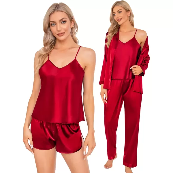 SWOMOG Women Satin Pajamas 4pcs Pajama Set Sexy Cami Shorts Set and Button Down Long Sleeve Pjs Loungewear SleepwearRedsolid Color