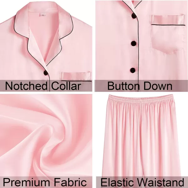 SWOMOG Women Satin Pajamas 4pcs Pajama Set Sexy Cami Shorts Set and Button Down Long Sleeve Pjs Loungewear SleepwearSakura Pink