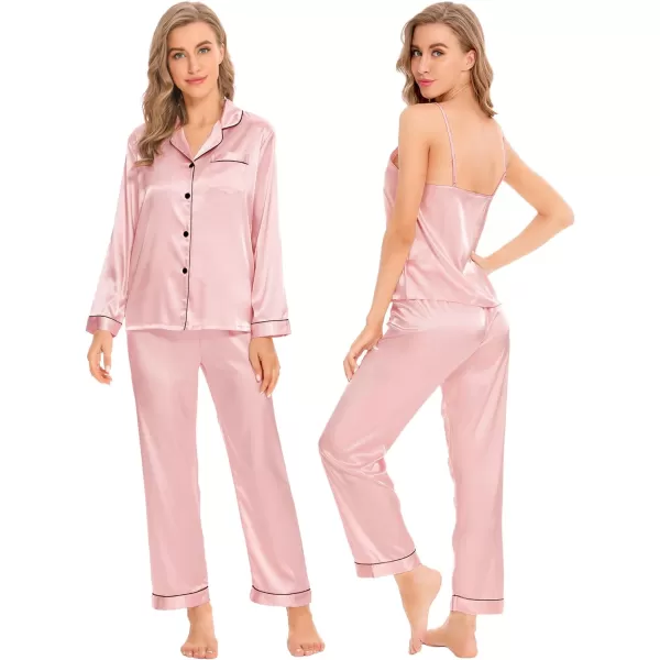 SWOMOG Women Satin Pajamas 4pcs Pajama Set Sexy Cami Shorts Set and Button Down Long Sleeve Pjs Loungewear SleepwearSakura Pink