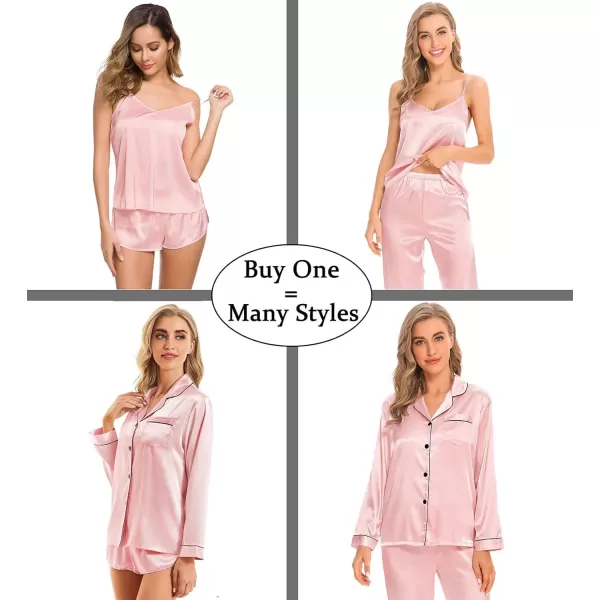 SWOMOG Women Satin Pajamas 4pcs Pajama Set Sexy Cami Shorts Set and Button Down Long Sleeve Pjs Loungewear SleepwearSakura Pink