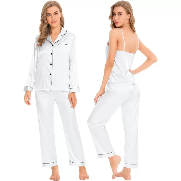 SWOMOG Women Satin Pajamas 4pcs Pajama Set Sexy Cami Shorts Set and Button Down Long Sleeve Pjs Loungewear SleepwearWhite