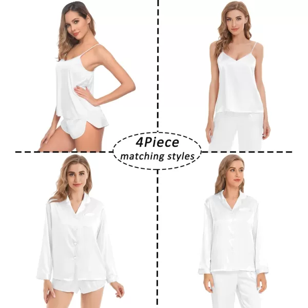 SWOMOG Women Satin Pajamas 4pcs Pajama Set Sexy Cami Shorts Set and Button Down Long Sleeve Pjs Loungewear SleepwearWhitesolid Color