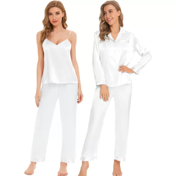 SWOMOG Women Satin Pajamas 4pcs Pajama Set Sexy Cami Shorts Set and Button Down Long Sleeve Pjs Loungewear SleepwearWhitesolid Color