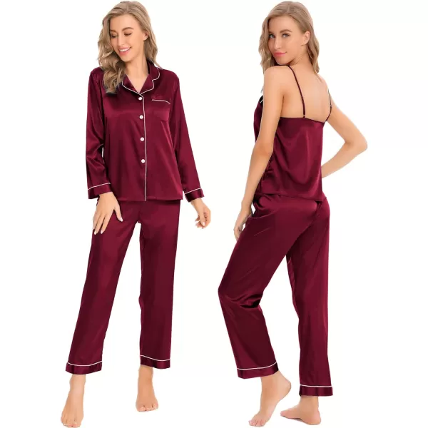 SWOMOG Women Satin Pajamas 4pcs Pajama Set Sexy Cami Shorts Set and Button Down Long Sleeve Pjs Loungewear SleepwearWine Red