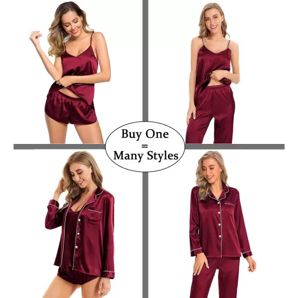 SWOMOG Women Satin Pajamas 4pcs Pajama Set Sexy Cami Shorts Set and Button Down Long Sleeve Pjs Loungewear SleepwearWine Red