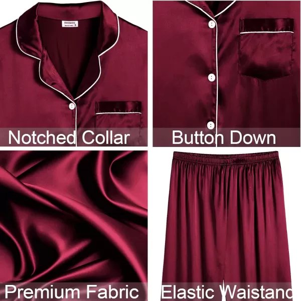 SWOMOG Women Satin Pajamas 4pcs Pajama Set Sexy Cami Shorts Set and Button Down Long Sleeve Pjs Loungewear SleepwearWine Red