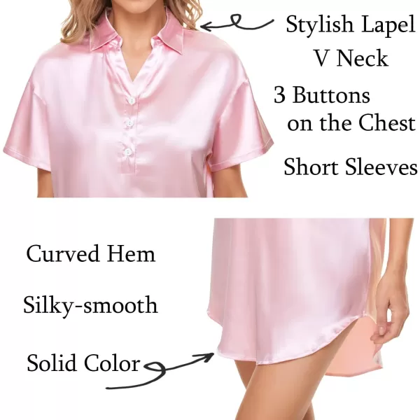 SWOMOG Women Silk Satin Nightshirt Short Sleeve Boyfriend Sleep Shirt Button up Shirt Dresses for Ladies PinkSWOMOG Women Silk Satin Nightshirt Short Sleeve Boyfriend Sleep Shirt Button up Shirt Dresses for Ladies Pink