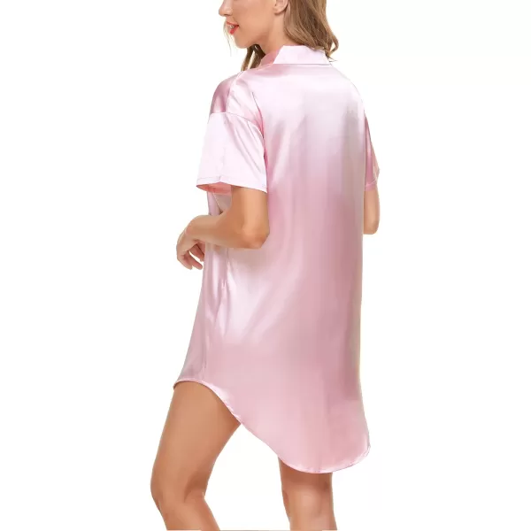 SWOMOG Women Silk Satin Nightshirt Short Sleeve Boyfriend Sleep Shirt Button up Shirt Dresses for Ladies PinkSWOMOG Women Silk Satin Nightshirt Short Sleeve Boyfriend Sleep Shirt Button up Shirt Dresses for Ladies Pink