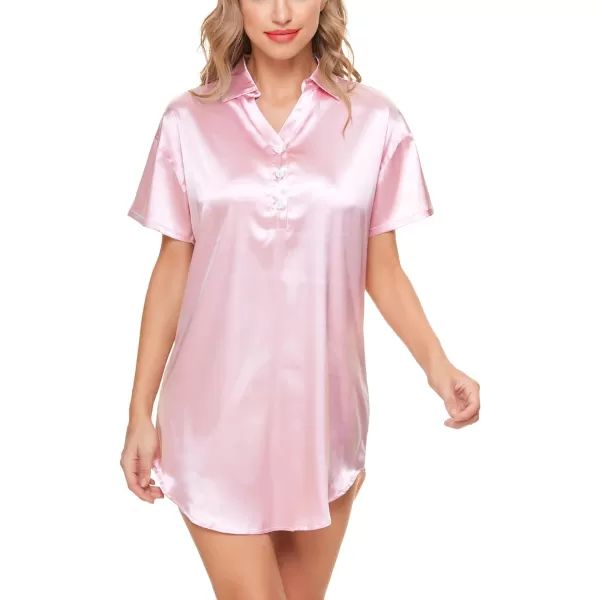 SWOMOG Women Silk Satin Nightshirt Short Sleeve Boyfriend Sleep Shirt Button up Shirt Dresses for Ladies PinkSWOMOG Women Silk Satin Nightshirt Short Sleeve Boyfriend Sleep Shirt Button up Shirt Dresses for Ladies Pink