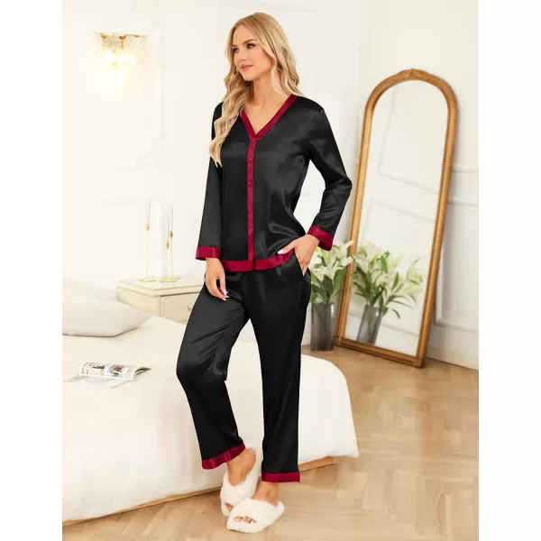 SWOMOG Women Silk Satin Pajama Set Long Sleeve Button Down Sleepwear 2Pcs Pjs Soft Loungewear with Pockets SXXLBlack