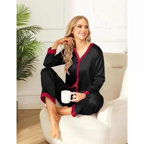 SWOMOG Women Silk Satin Pajama Set Long Sleeve Button Down Sleepwear 2Pcs Pjs Soft Loungewear with Pockets SXXLBlack