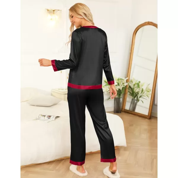 SWOMOG Women Silk Satin Pajama Set Long Sleeve Button Down Sleepwear 2Pcs Pjs Soft Loungewear with Pockets SXXLBlack